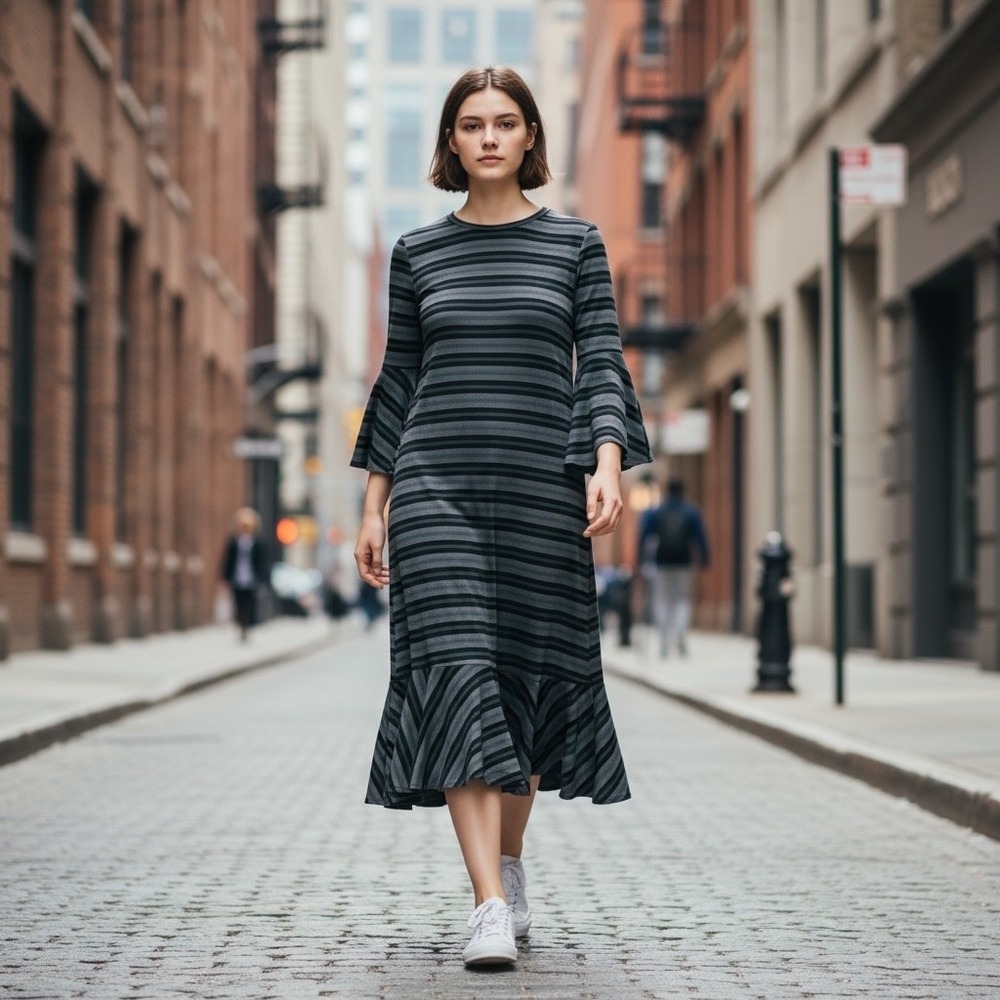 LULAROE New XS Maurine Stripe Ruffle Tunic Knit DRESS Modest Preppy Bell SL NWT